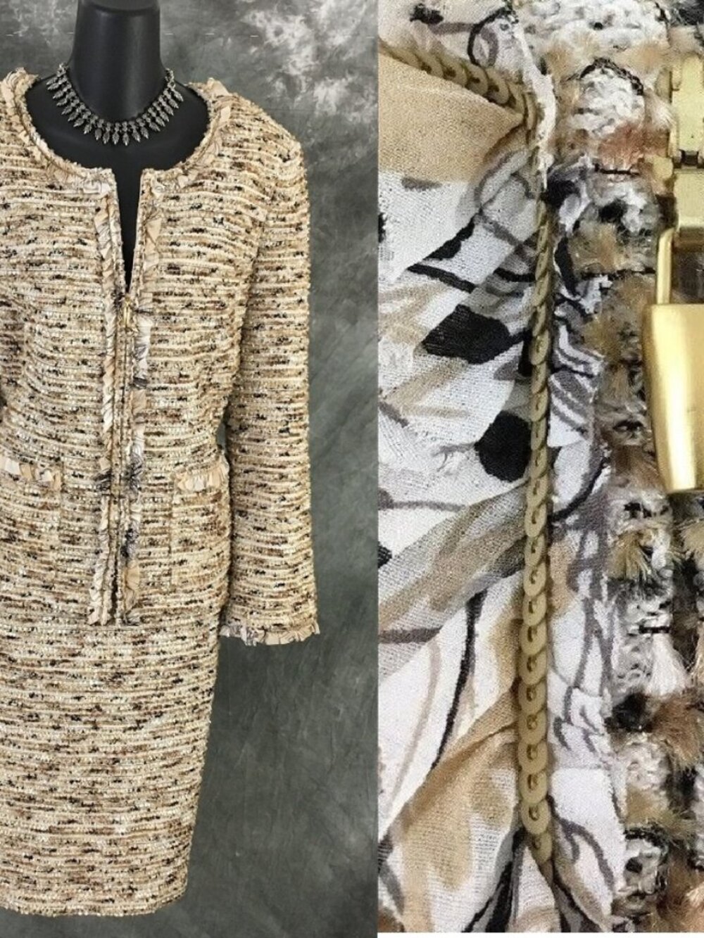 BEAUTIFUL St John knit beige black multi sequin jacket skirt suit size 6 8
